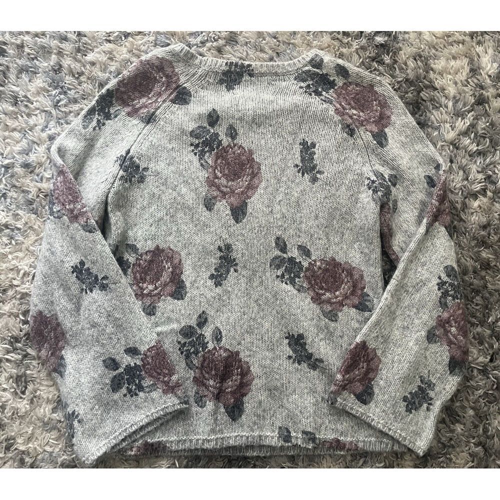 Lucky Brand Pullover Knit Sweater Gray Floral Sz M Wool Blend - Picture 5 of 5